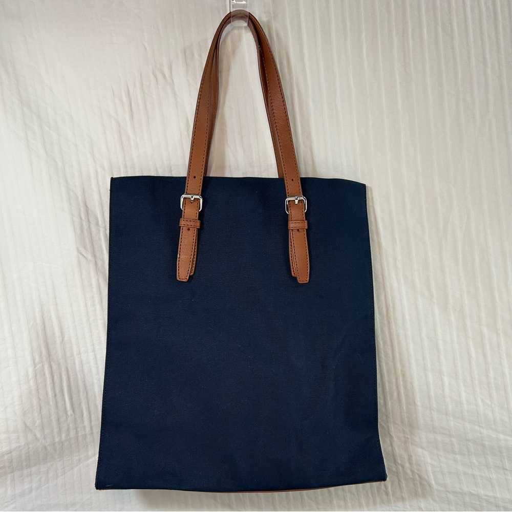 Talbots Blue canvas with Tan leather trim and Handles Tote Shoulder Bag - Picture 1 of 10